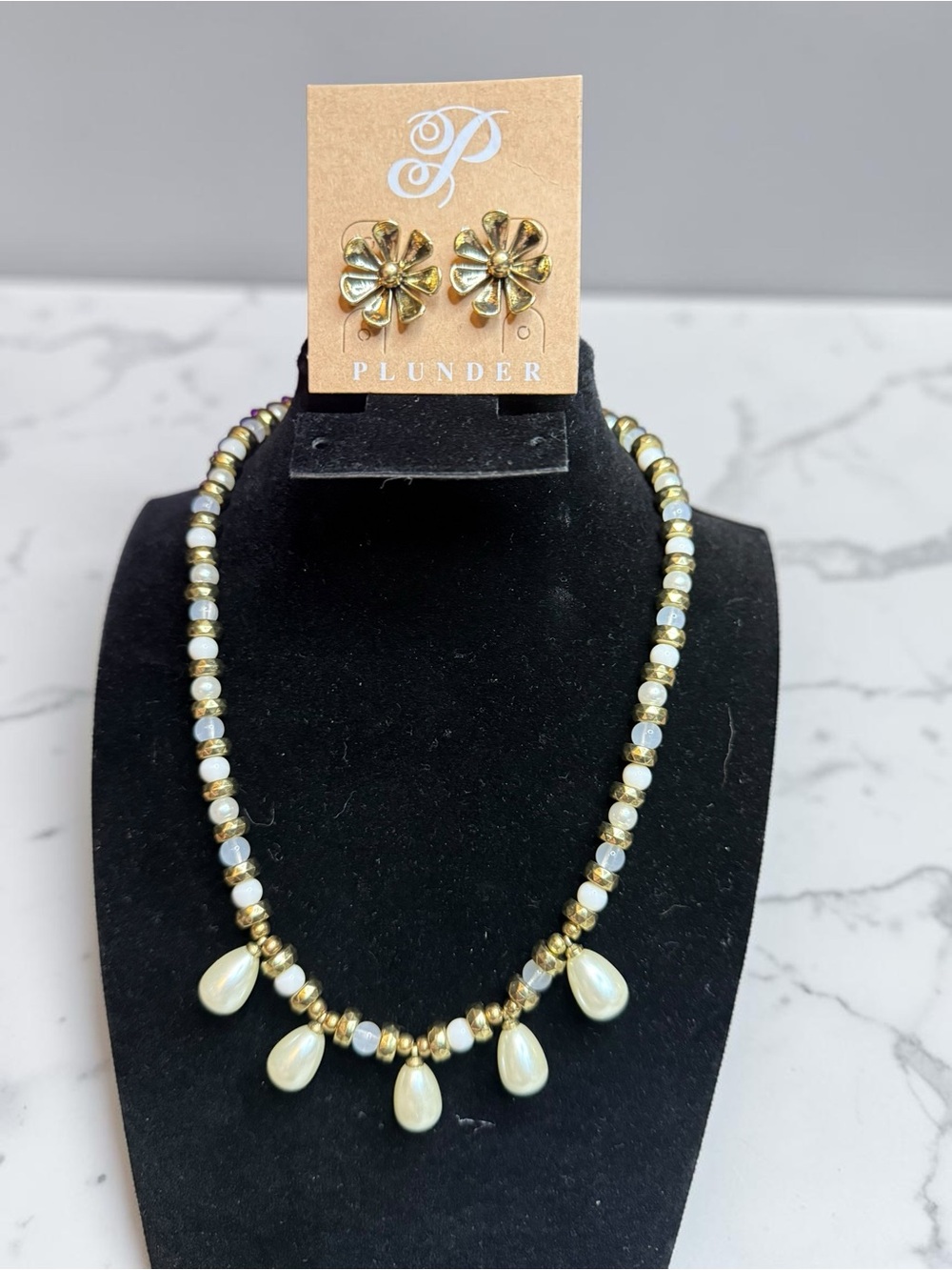 Plunder Gold Beaded Necklace with Pearl Teardrop Charms and Floral Studs